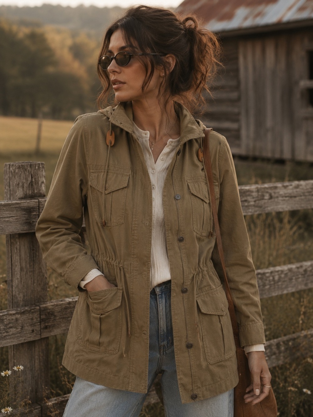 Talbots Petite Khaki Utility Anorak Jacket Hooded Cinch Waist Pockets